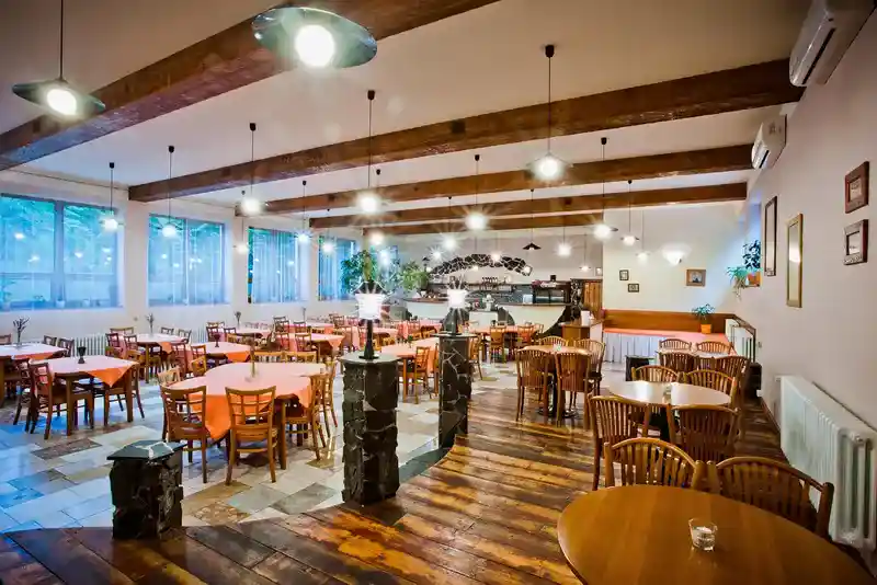 A classic restaurant hall filled with tables, chairs, lights, and beautiful pictures, symbolizing the culinary experience and restaurants in San Antonio.